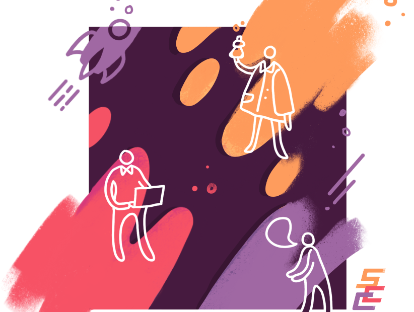 A colour illustration containing people in different roles in science communication. One figure is holding a test tube and is wearing a lab coat. Another figure is holding a laptop. The last figure is conveying a message.