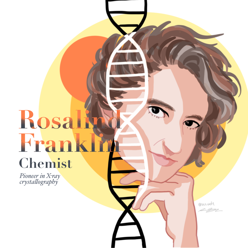 A portrait of Rosalind Franklin with a strand of DNA running vertically across the centre of the image. The text reads "Chemist, pioneer in X-ray crystallography".