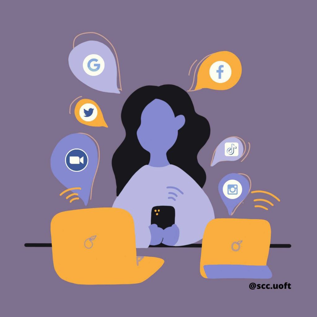 A person using their phone, laptop, and tablet. Notification bubbles with social media logos surround the person.