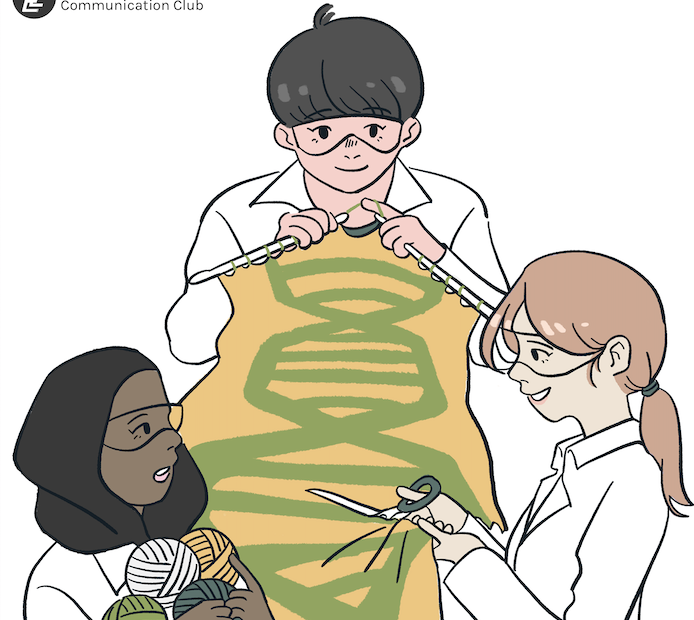 Illustration of a scientist knitting a fabric with a DNA pattern. Two other scientists assist by providing yarn and cutting the fabric with a pair of scissors