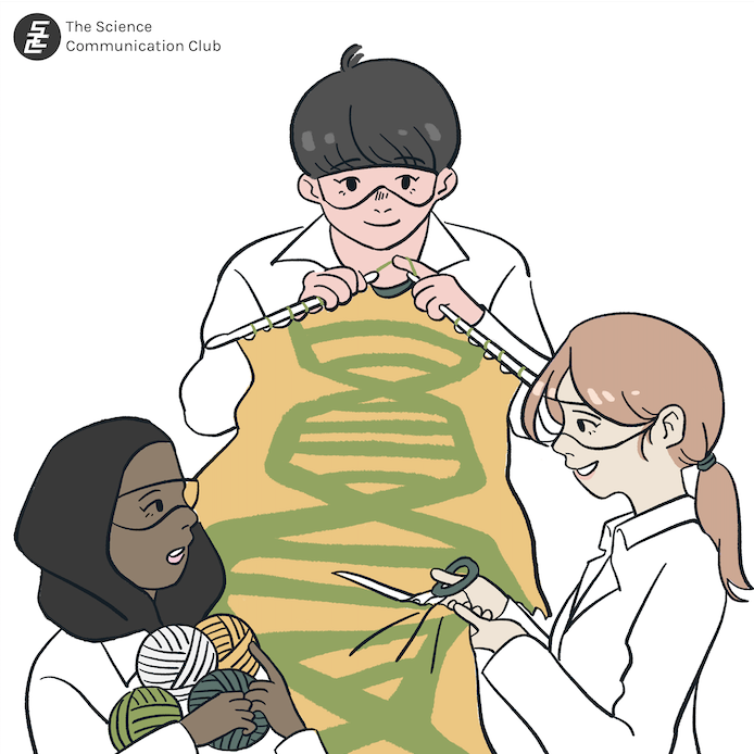 Illustration of a scientist knitting a fabric with a DNA pattern. Two other scientists assist by providing yarn and cutting the fabric with a pair of scissors