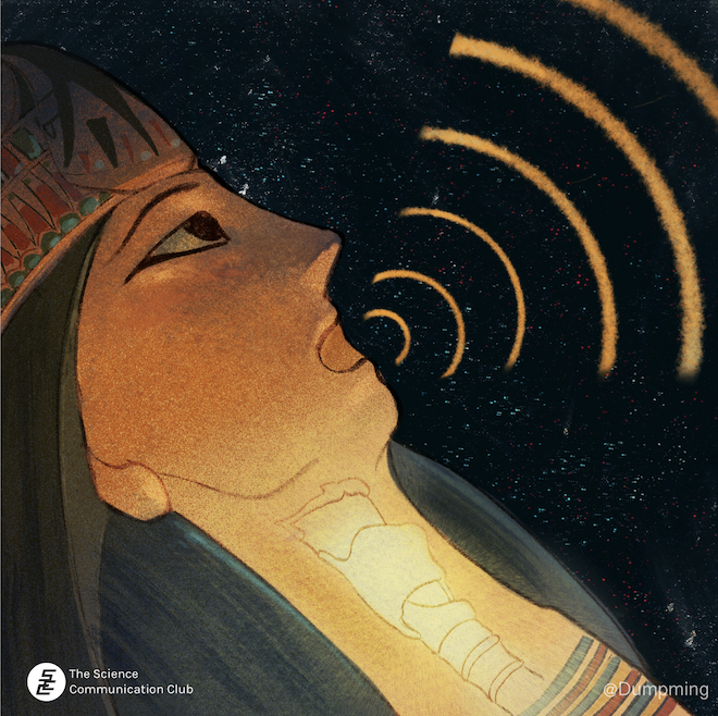Illustration of a mummy making sounds using an artificial vocal tract