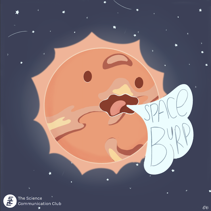 Illustration of a cartoon star with eyes and an open mouth that looks like it's burping. Coming out of its mouth is a cloud with the words 'Space Burp' in it
