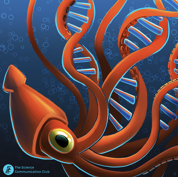 Illustration of a giant squid with tentacles turning into strands of DNA