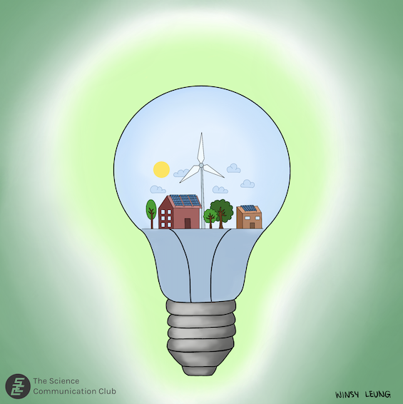Illustration of a lit light bulb. Inside it are houses powered by a wind turbine and solar panels