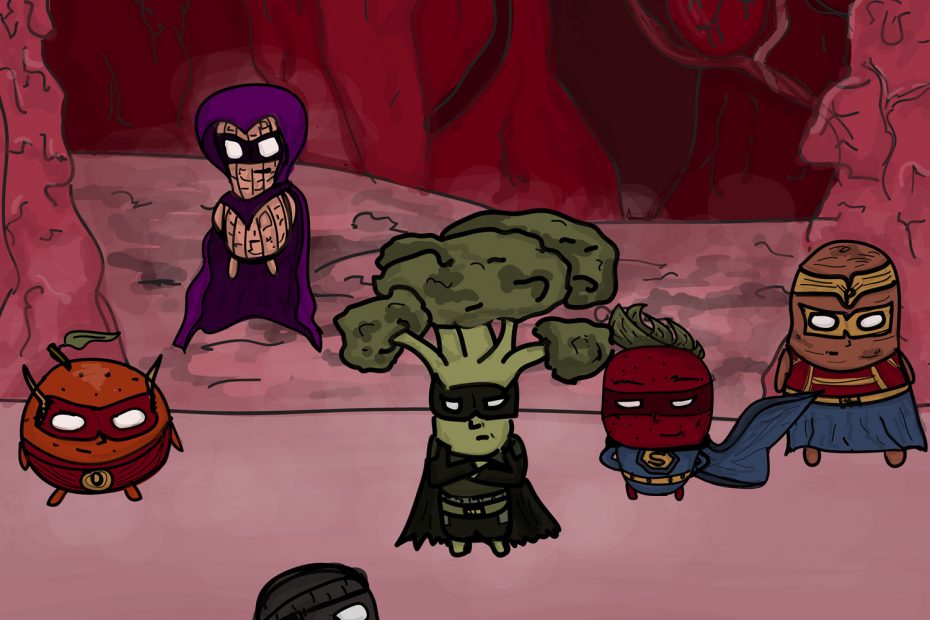 Common sources for antioxidants (e.g. broccoli) are dressed as superheroes catching a free radical drawn as a robber holding a bag of electrons.