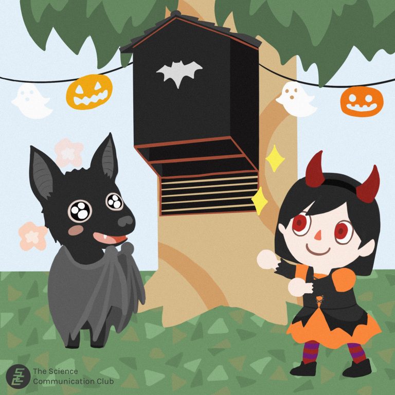 A human in halloween costume introducing a bat house on a tree to a bat. Bat: Happy.