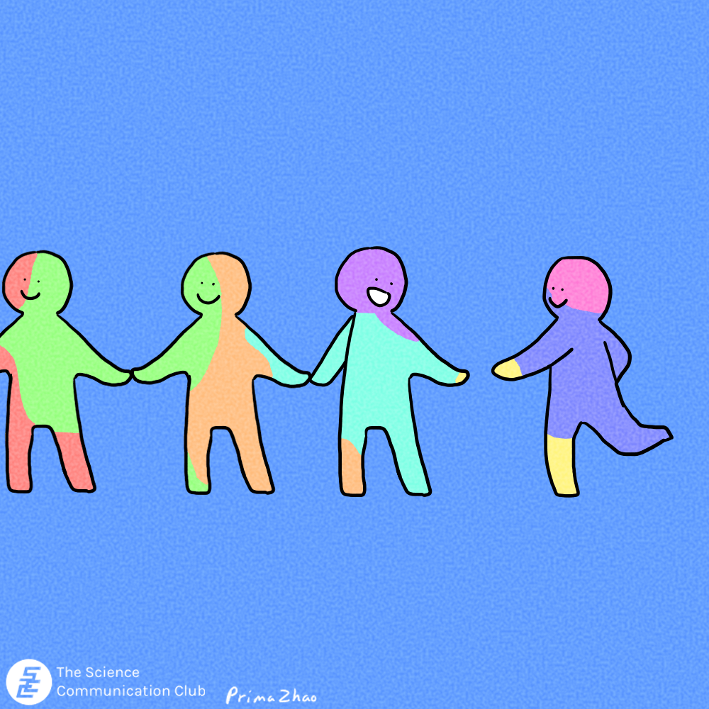 A group of different coloured figures are holding hands and one extends a hand to accept another figure.