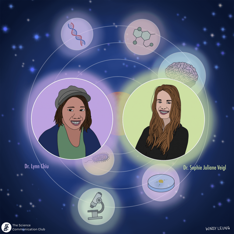 Illustration of Dr. Lynn Chiu on the left and Dr. Sophie Juliane Veigl on the right. Orbiting around them in the background are icons of a strand of DNA, chemical structure, brain, microbe, microscope, and petri dish.
