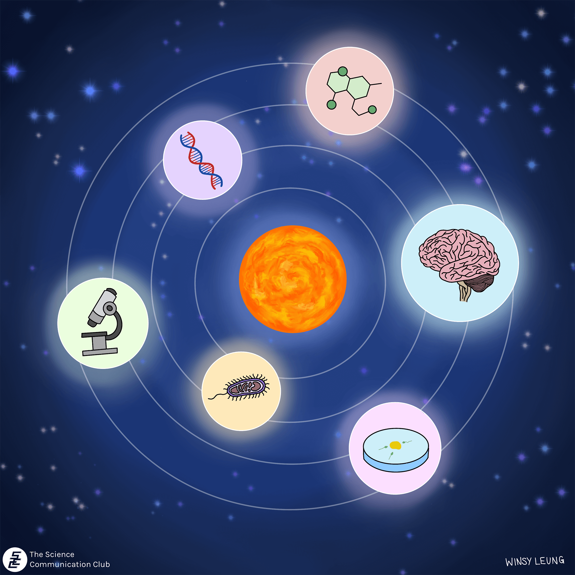 Icons of a strand of DNA, chemical structure, brain, microbe, microscope. and petri dish as planets orbiting around the sun.
