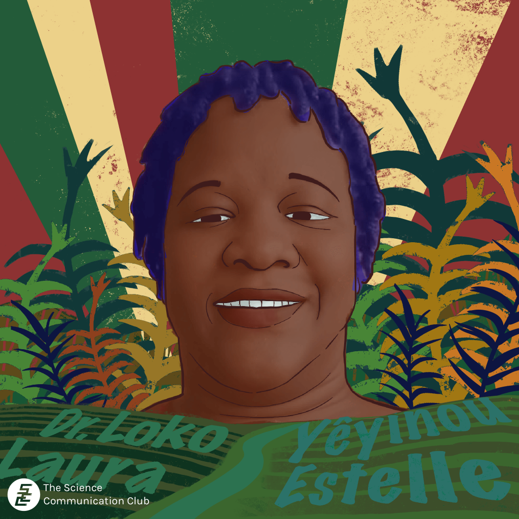 Portrait of Dr. Loko Yeyinou surrounded by plants and fields, and a background with the colors of the Benin flag