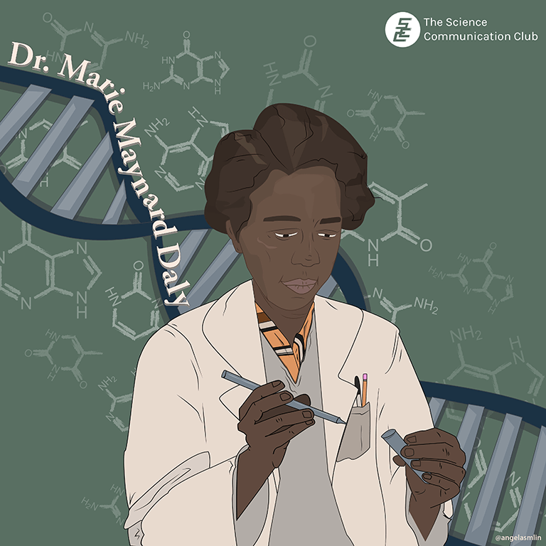 Illustration of Dr. Marie Maynard Daly in a lab coat in front of a DNA strand. Chemical structures of adenine, cytosine, guanine, and thymine in the background.