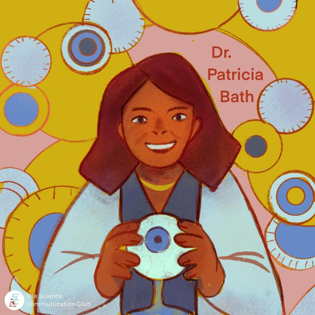 Illustration of Dr. Patricia Bath holding an eye model. The background is composed of patterns that resemble a phoropter, an eye exam tool.