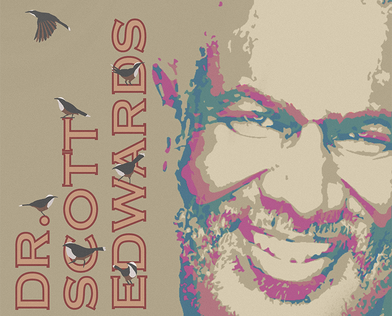 Dr. Scott V. Edwards' face and babblers scattered around his name
