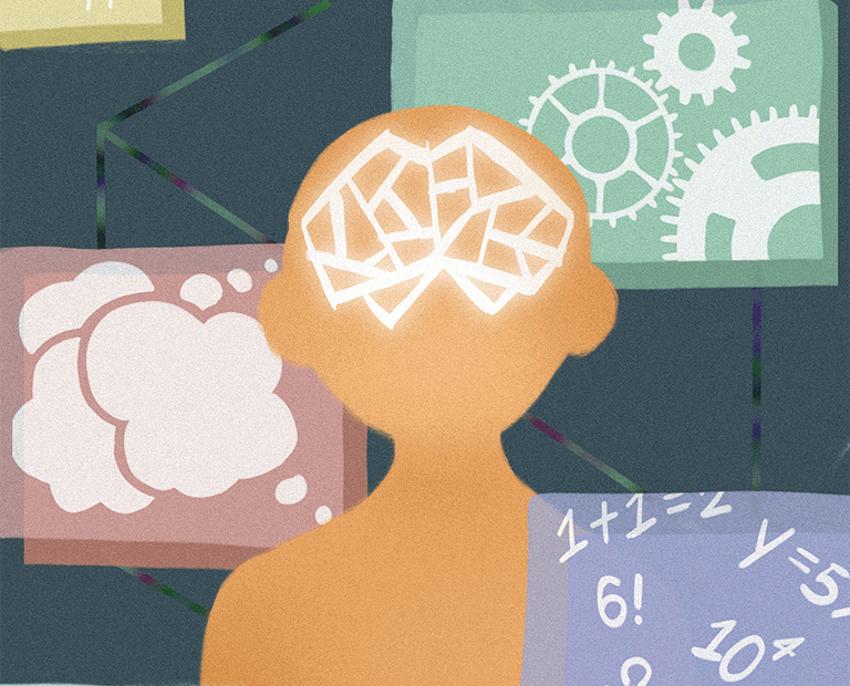 A person with maze-shaped brain surrounded by shapes containing gears, numbers, and thought bubbles.
