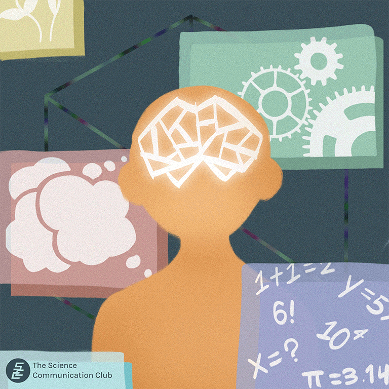 A person with maze-shaped brain surrounded by shapes containing gears, numbers, and thought bubbles.