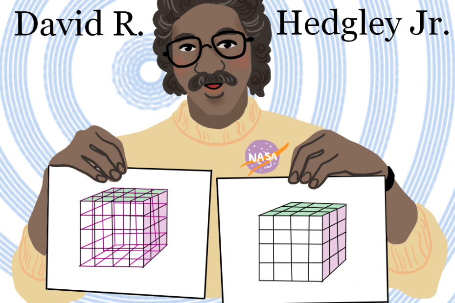 David R. Hedgley Jr. holds up two images demonstrating the hidden line problem.