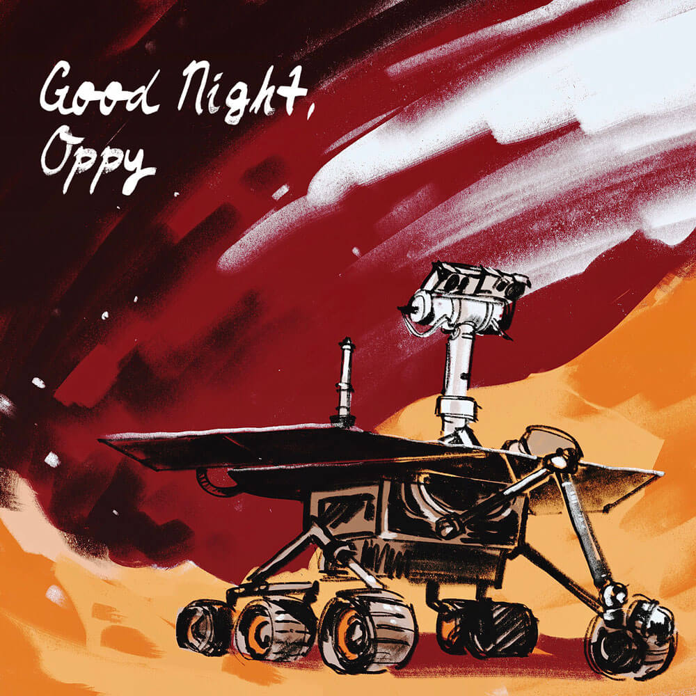 Good Night, Oppy. The illustration depicts the MER-B Opportunity Rover on Mars.