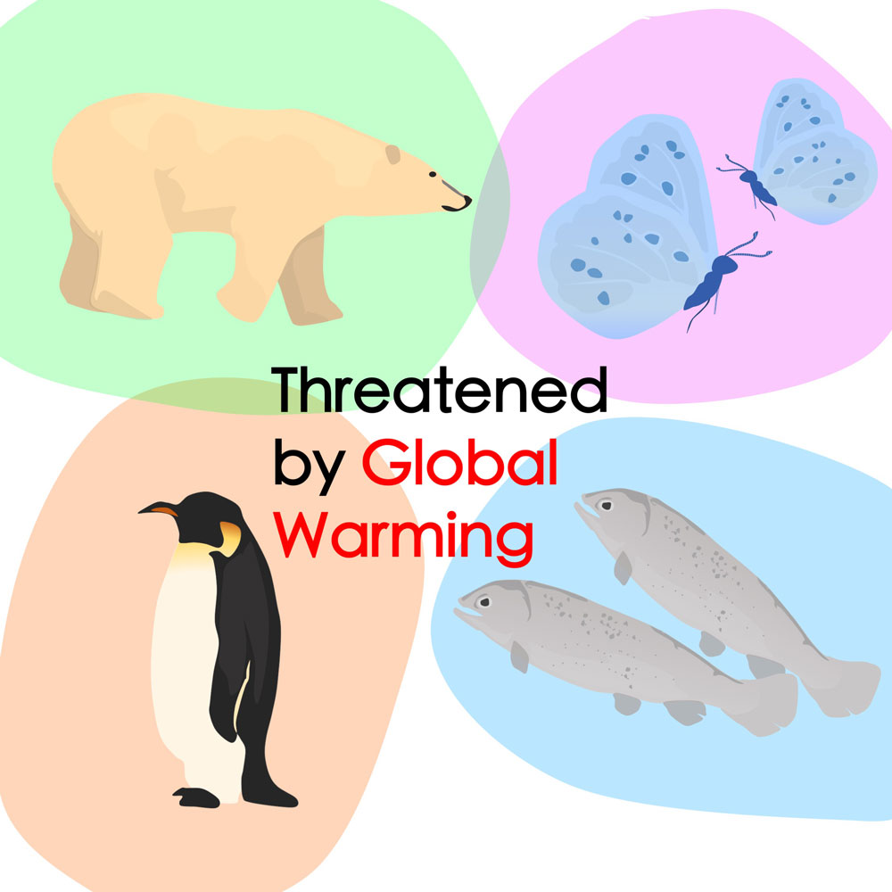 Polar bear, butterflies, penguin, and fish. The text reads: Threatened by Global Warming.
