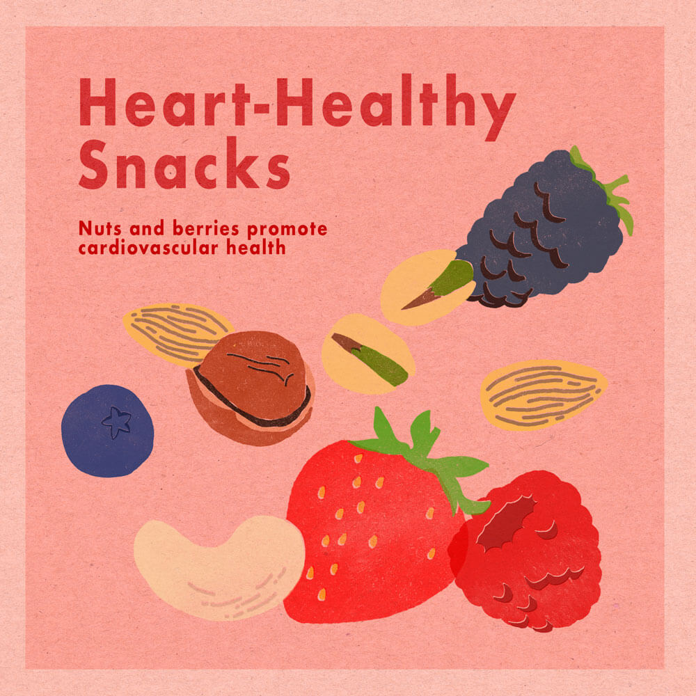 Heart-healthy snacks: nuts and berries promote cardiovascular health. The illustration depicts a variety of fruits and berries, including blueberries, walnuts, pistachios, blackberries, cashews, strawberries, raspberries, and almonds.