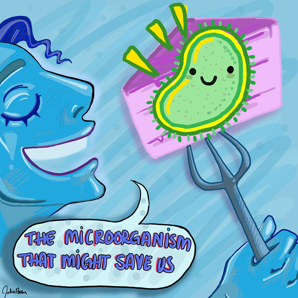 A person holding a fork with a piece of cake on it. A smiling microalgae is overlaid on the image of the cake. The speech bubble coming out of the person's mouth reads "The Microorganism That Might Save Us".