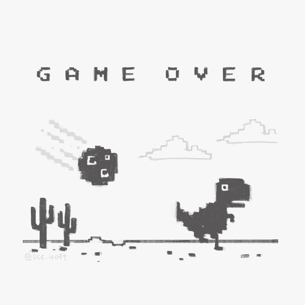 A retro videogame styled dinosaur running away from a meteor in the desert. The text reads "game over".