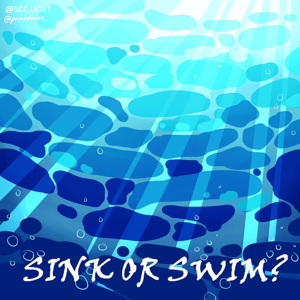 An illustration of a brilliant blue ocean. The text reads "Sink or Swim?".