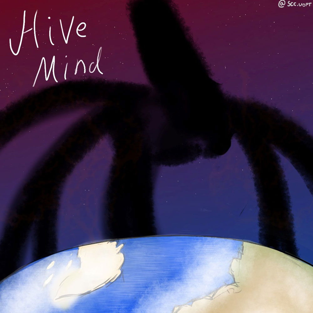 The Mind Flayer, a supernatural being from Netflix's Stranger Things, looming over the Earth. The text reads "hive mind".