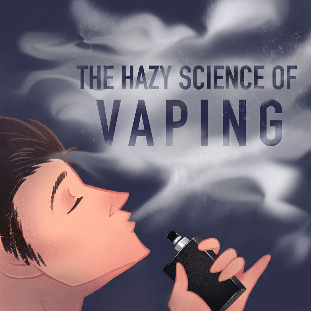 A person vaping and exhaling a puff of vapour or smoke. The text reads "The Hazy Science of Vaping".