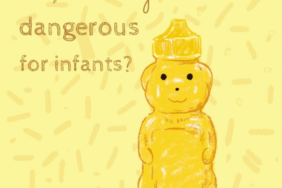 A bottle of honey in the shape of a bear. The text reads "why is honey dangerous for infants?".