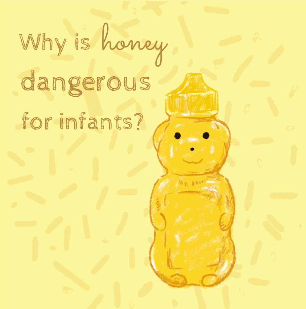 A bottle of honey in the shape of a bear. The text reads "why is honey dangerous for infants?".