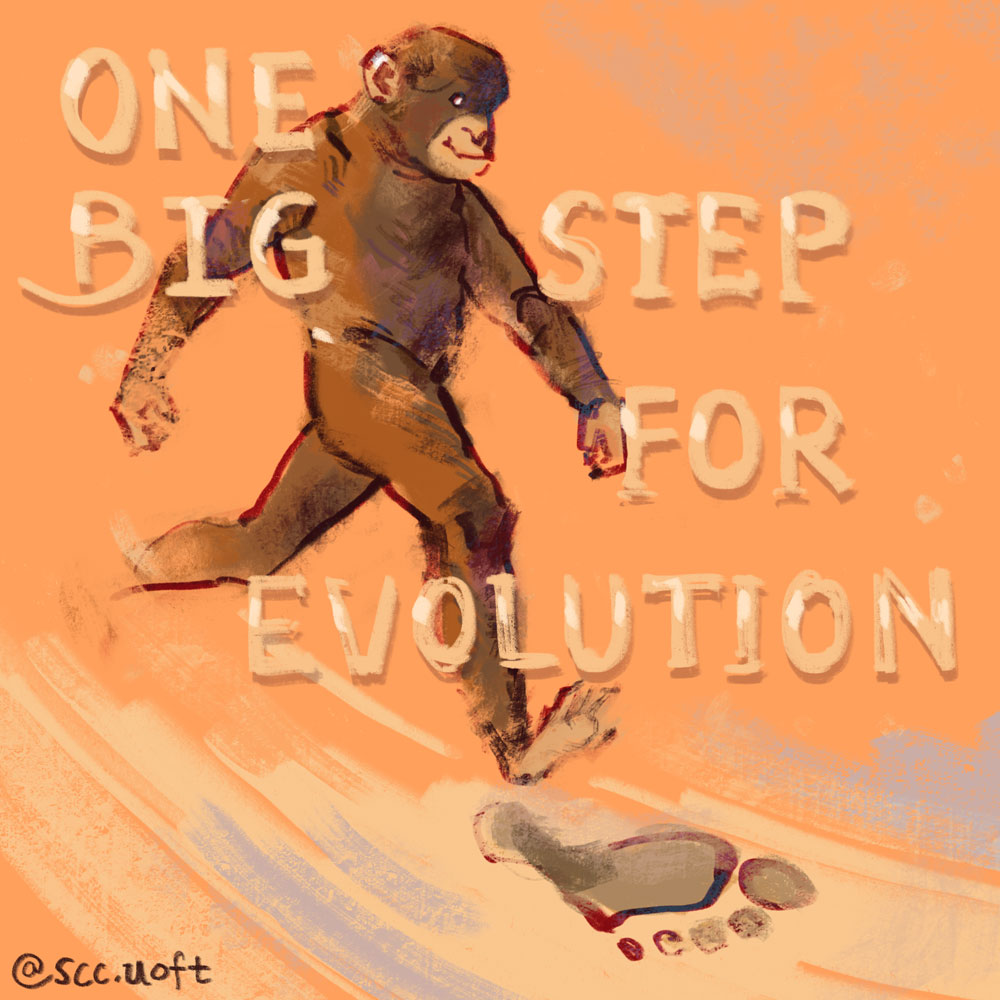 A primate walking on two legs. It leaves a large footprint as it walks. The text reads "one big step for evolution".