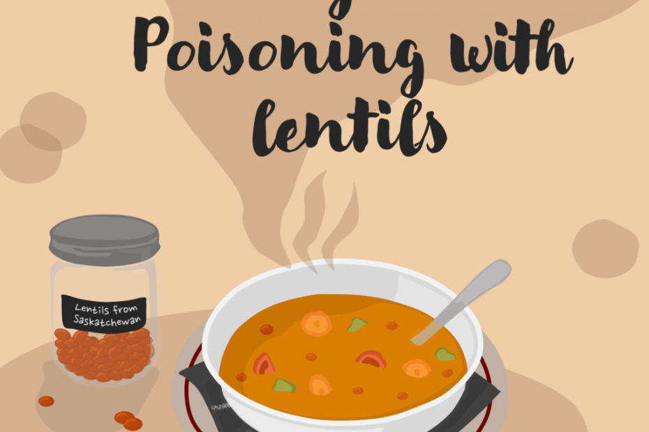 A steaming lentil soup. Beside the bowl of soup is a jar labelled "lentils from Saskatchewan". The title text reads "Treating Arsenic Poisoning with Lentils".