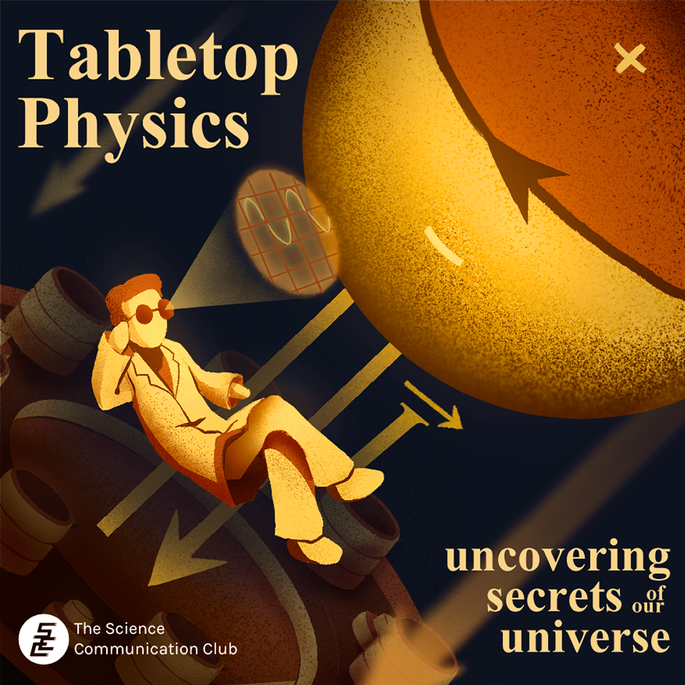 An illustrated scientist floats amongst giant particles. He observes sine waves illuminated on a holograph. A laser in the background captures rays of light illuminated from the giant particle.