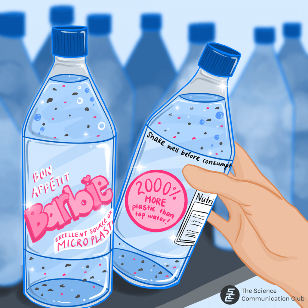 Illustration of bottled water containing microplastics.