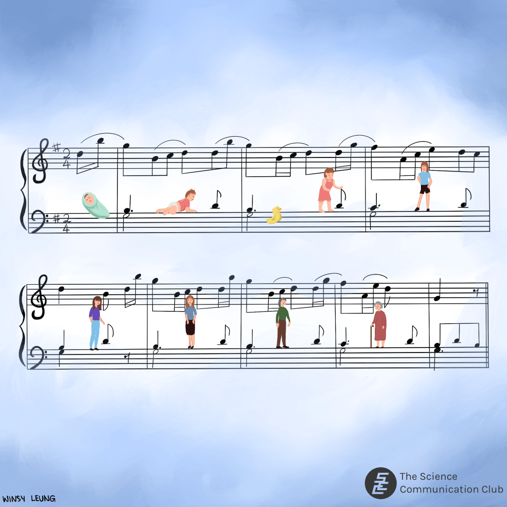 Music sheets with characters showing growth from infancy, toddler, childhood, adolescence, early adulthood, late adulthood, middle age to old age.