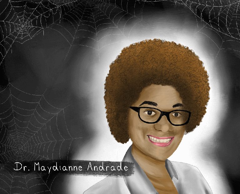 Illustration of Dr. Maydianne Andrade surrounded by dark background with spiderwebs.