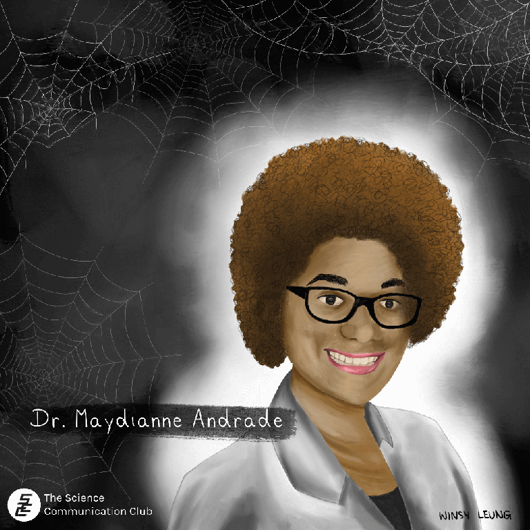 Illustration of Dr. Maydianne Andrade surrounded by dark background with spiderwebs.