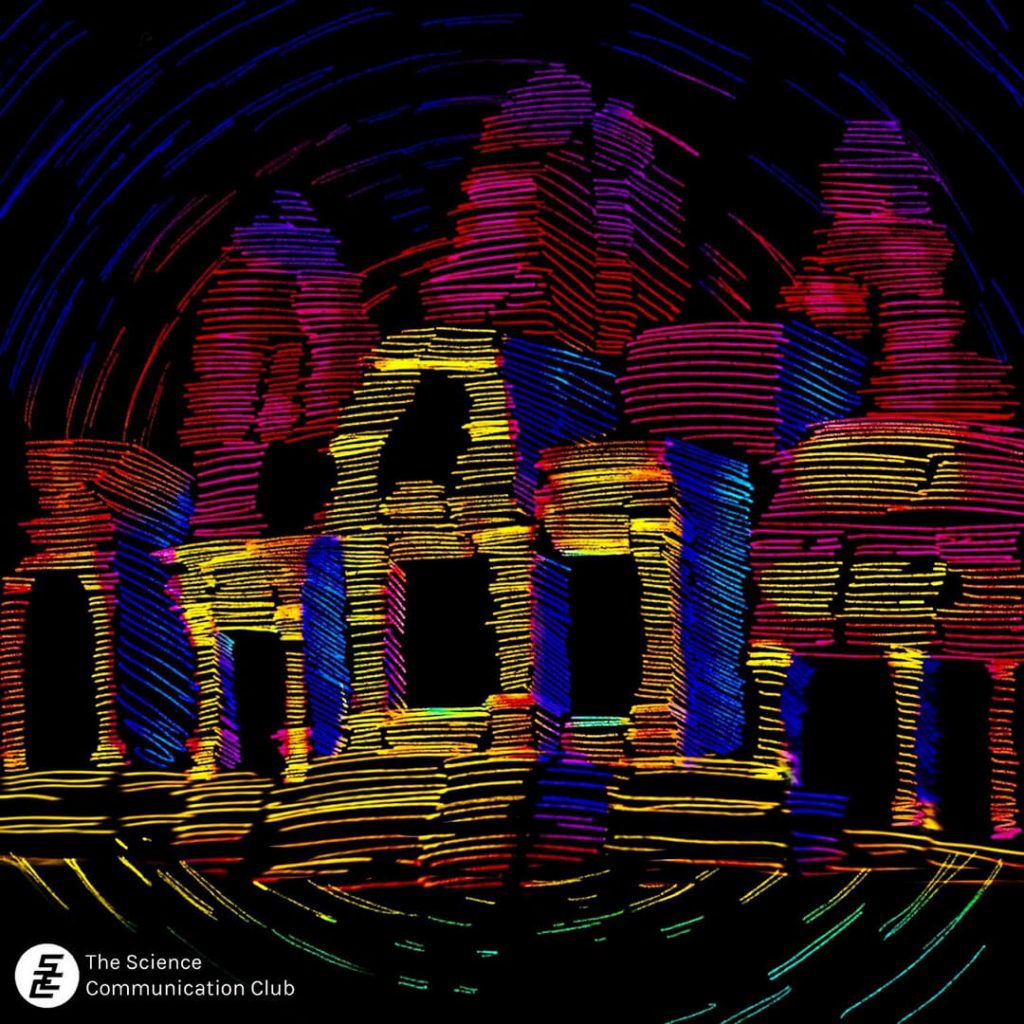 An illustration of Bayon temple of Angkor wat, emerging from pulses of light generated by the LiDAR device.