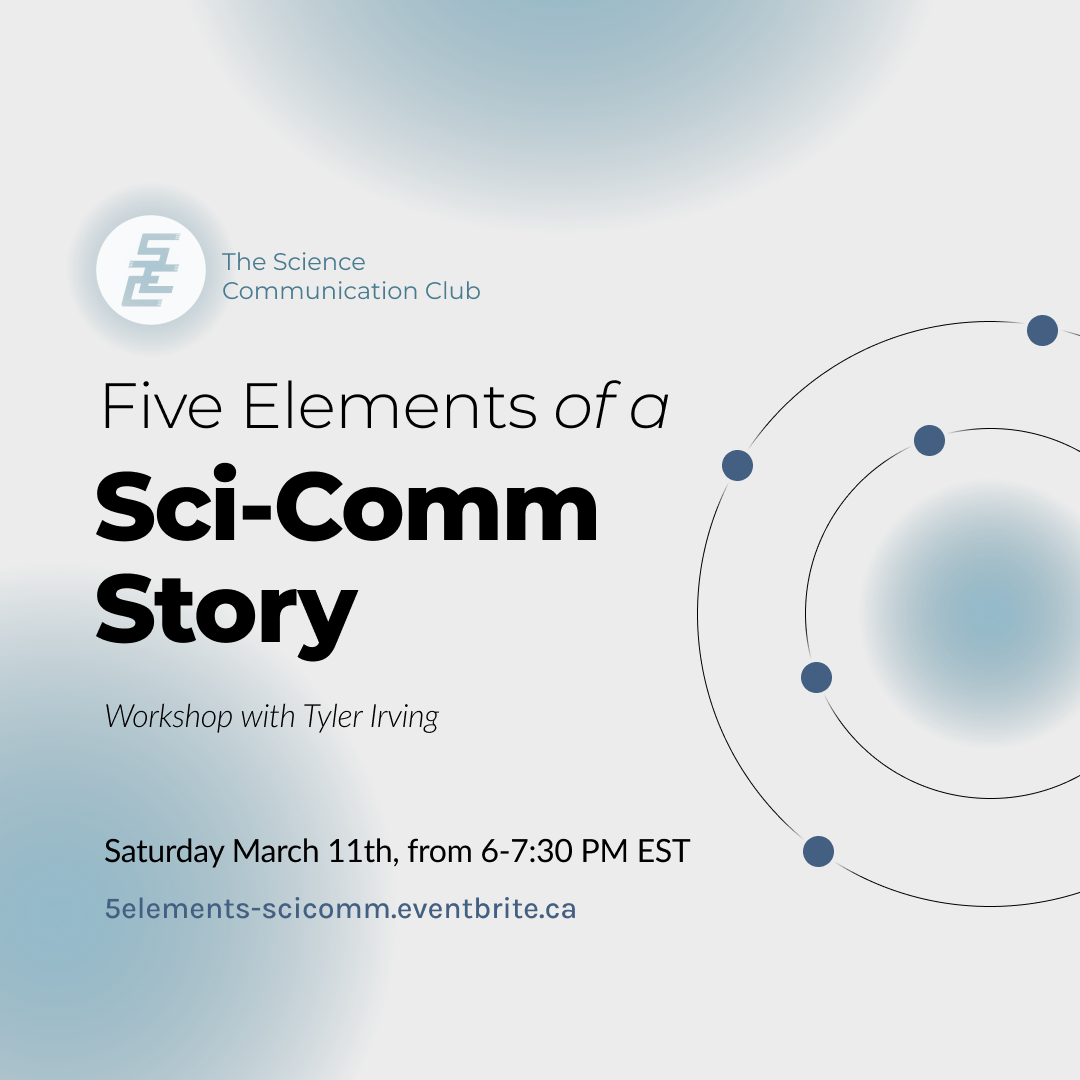 A poster advertising the upcoming SCC event (details in event description). Light blue graphics of atoms with circling electrons in the background.