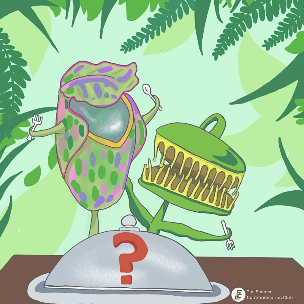 Two carnivorous plants holding forks and spoons behind a silver food tray cover that has a question mark