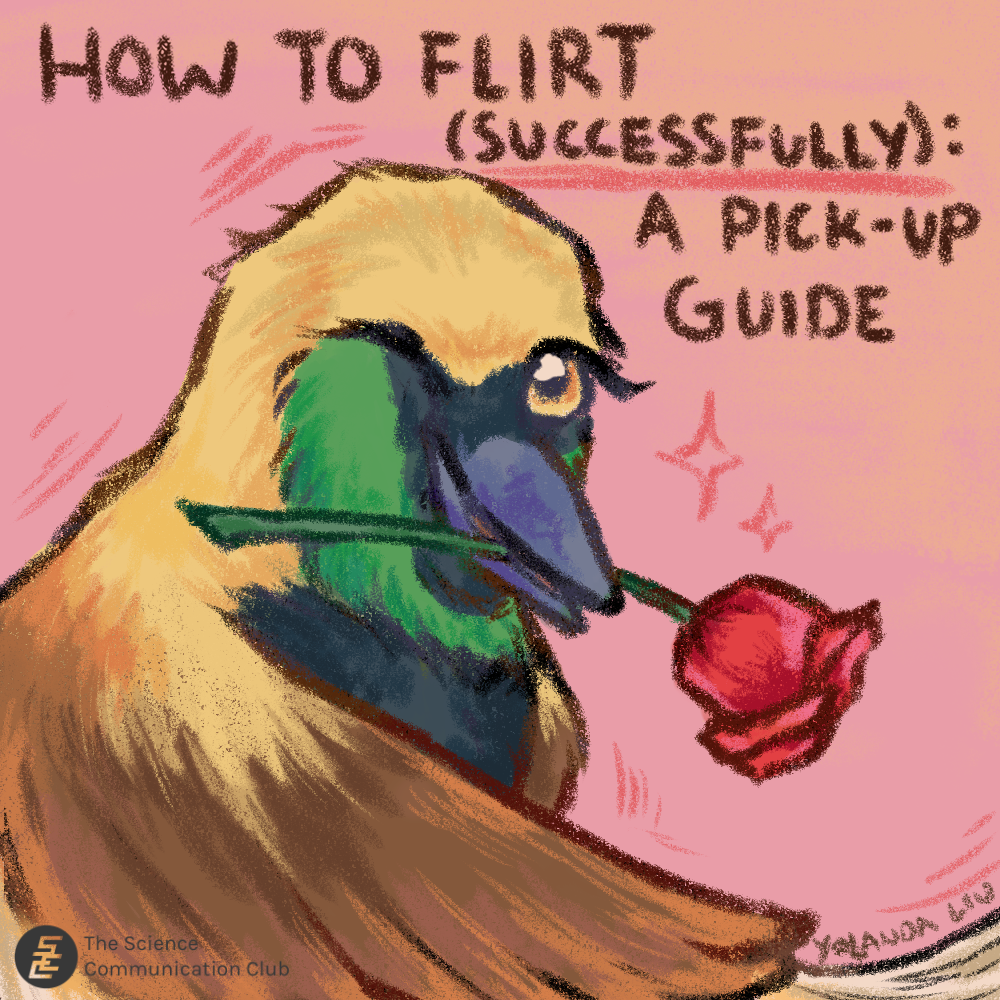 A cartoon drawing of a greater bird-of-paradise winking at the viewer. The bird is yellow and brown with patches of green and black. In its beak, the bird holds a rose by the stem. "How to Flirt (Successfully): A Pick-up Guide" is captioned at the top.