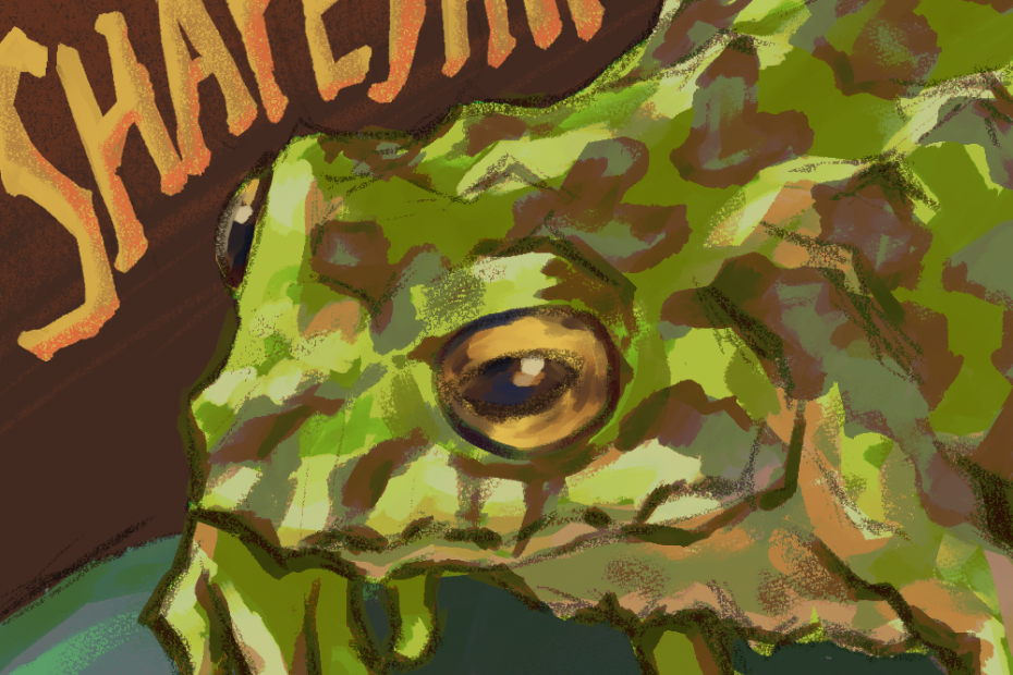 A digital painting of a zoomed up mutable rainfrog resting on a leaf. It is green with brown spots and has distinguished spikey texture on its skin. "Shapeshifters" is titled at the top.