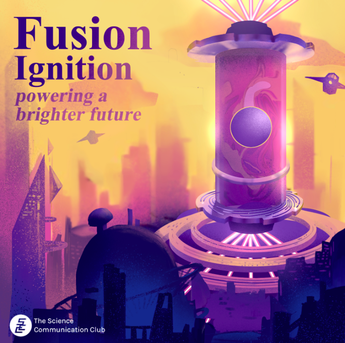 a disproportionately large nuclear fusion tube containing spherical fuel is shown being hit with lasers, powering a futuristic city.