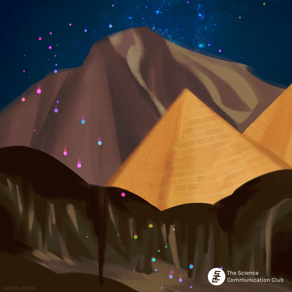 A digital painting of a cave system, the pyramids of Giza, and a volcanic mountaintop. Glittering rainbow particles fall from the night sky through the three locations.