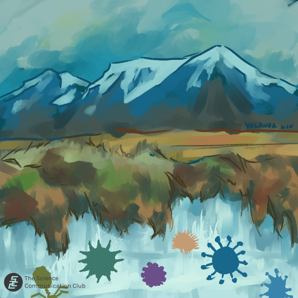 A painting of an arctic landscape with snowy mountains, grass fields, and permafrost underneath. Shapes depicting viruses are inside of the permafrost.