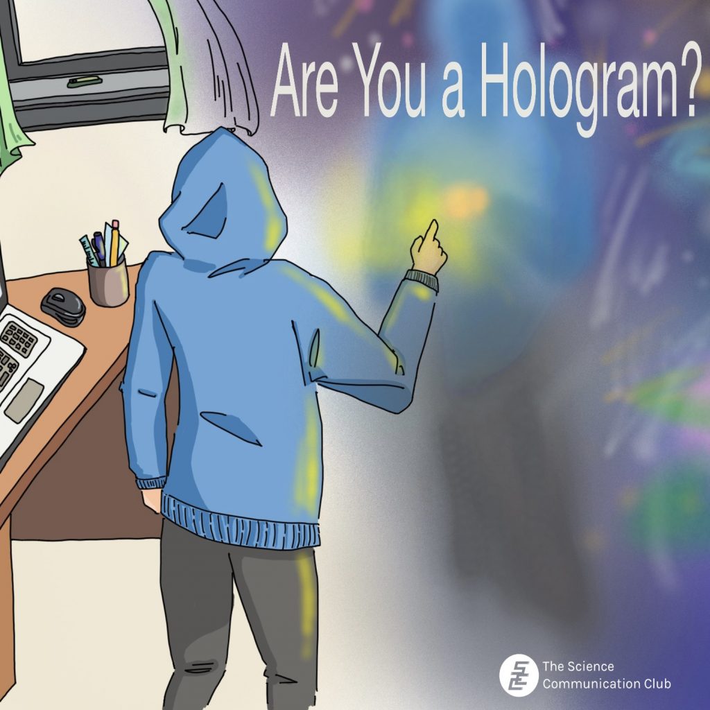 A person in a room encountering their hologram and reaching out to touch it. The person's hologram is also reaching out to touch the person.
