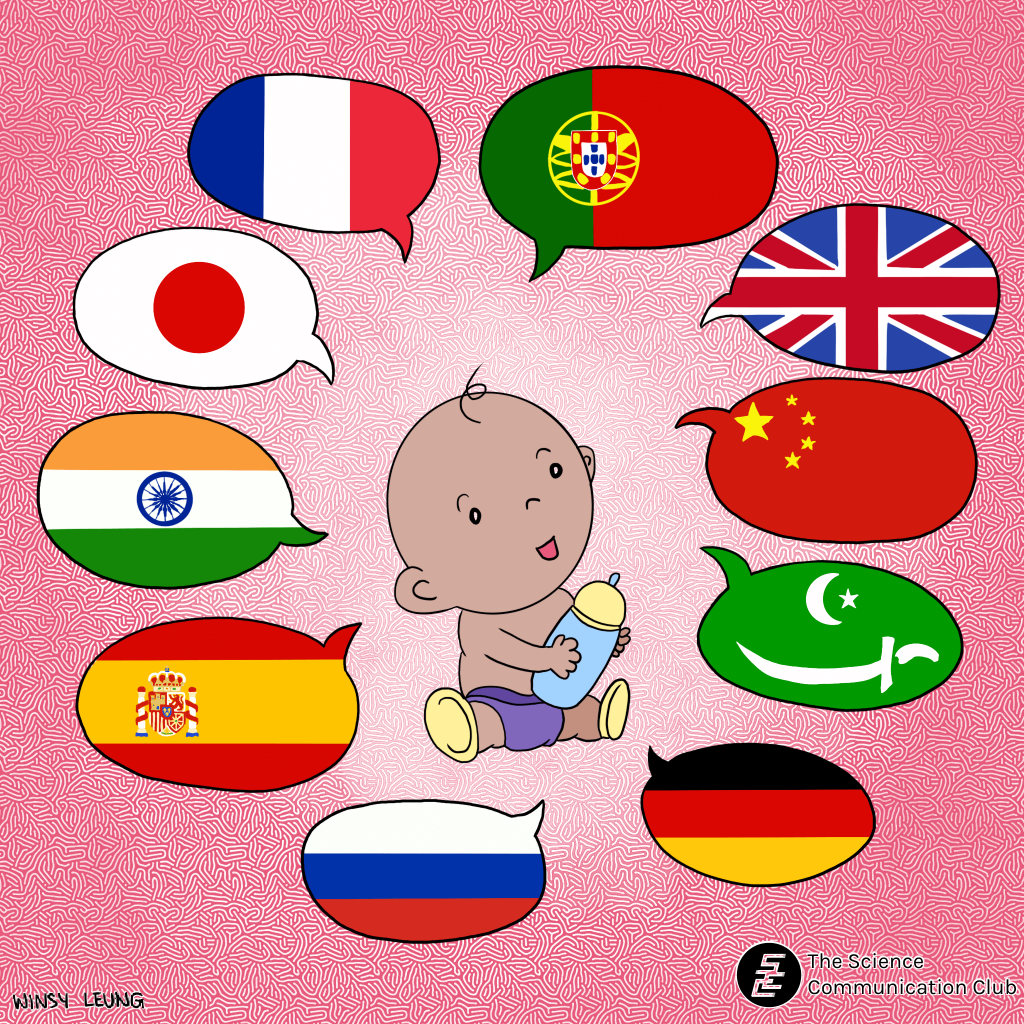 a baby surrounded by speech bubbles with various country flags in each bubble representing a different language. These languages include portuguese, english, chinese, arabic, german, russian, spanish, hindi, japanese and french.