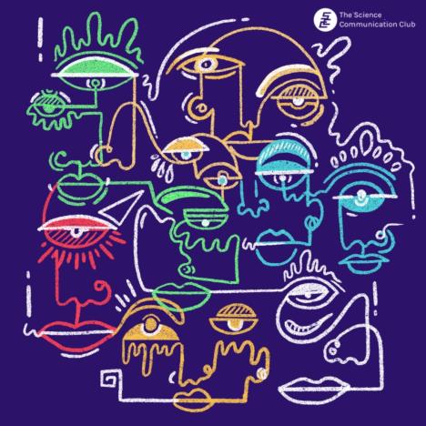 An illustration with the line work and shapes forming abstract faces. Each abstract face is illustrated in a different colour.