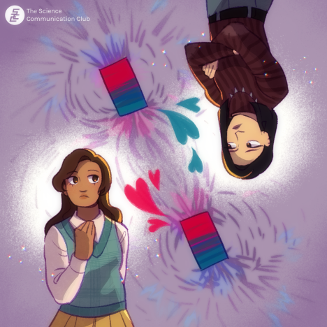 A digital illustration of two girls with contrasting styles and expressions standing diagonally opposite to each other. In the background, two magnets surrounded by metal filings send out a stream of hearts between them.